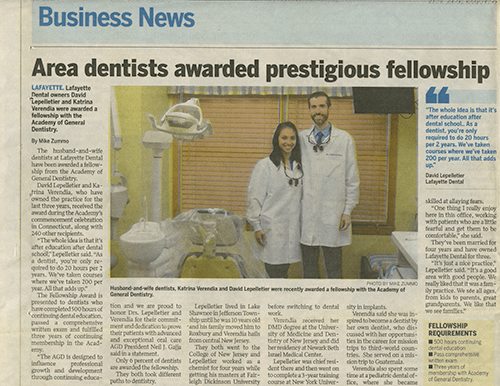 Dr. Katrina Verendia and dr. david lepelletier of Lafayette Dental in Lafayette, NJ on newspaper